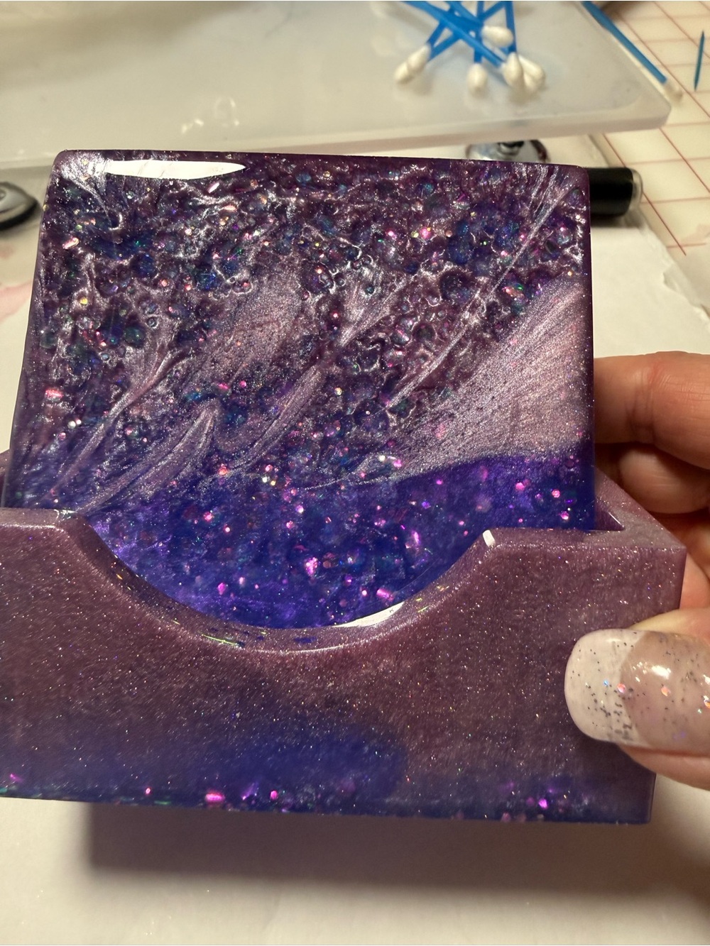 Handcrafted Purple and Dusty Rose Glittery Resin Coaster Set of 5 with Holder